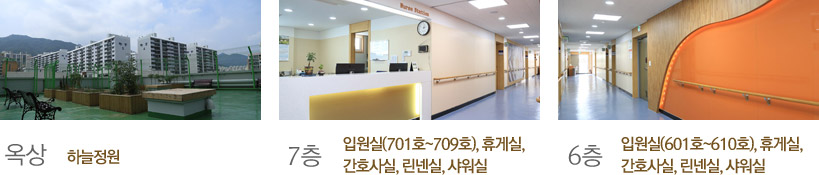 옥상 하늘정원 / 7층 입원실(701~709), 휴게실, 간호사실, 린넨실, 샤워실 / 6층 입원실(601~610), 휴게실, 간호사실, 린넨실, 샤워실