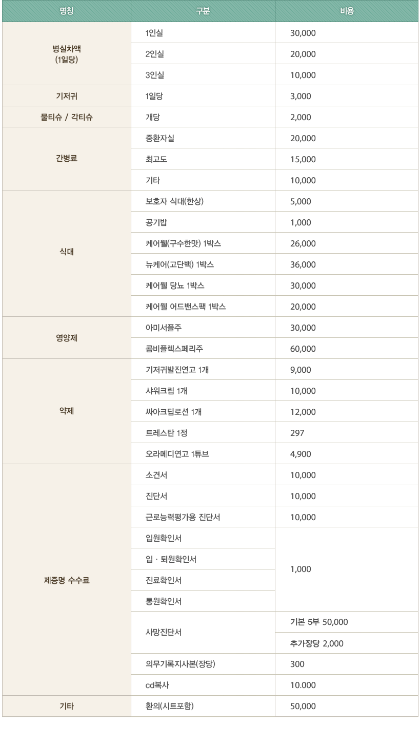 기저귀 3000원 / 물티슈 2000원 / 각티슈 2000원 / 중환자실 20000원 / 최고도 15000원 / 기타 10000원 / 보호자식사 5000원 / 공기밥 1000원 / 아미서플 30000원 / 엠지티엔페리주 60000원 / 판비콤프주 1000원 / 아스코르브산 1000원 / 독감예방주사 25000원 / 진단서 10000원 / 소견서 10000원 / 입퇴원확인서 1000원 / 진료확인서 1000원 / 진료의뢰서 무료 / 의료급여의뢰서 무료 / 사망진단서 기본5부 50000원 추가 장당 2000원 / 복사비용 기본 3장 1000원 추가 장당 300원