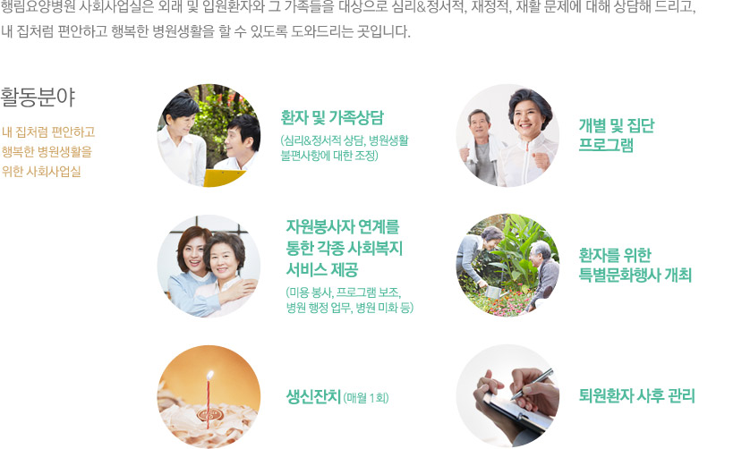 행림요양병원 사회사업실은 외래 및 입원환자와 그 가족들을 대상으로 심리&정서적, 재정적, 재활 문제에 대해 상담해 드리고, 내 집처럼 편안하고 행복한 병원생활을 할 수 있도록 도와드리는 곳입니다.
    -활동분야
    1) 환자 및 가족상담(심리&정서적 상담, 병원생활 불편사항에 대한 조정)
    2) 개별 및 집단 프로그램
    3) 자원봉사자 연계를 통한 각종 사회복지 서비스 제공(미용 봉사, 프로그램 보조, 병원 행정 업무, 병원 미화 등)
    4) 환자를 위한 특별문화행사 개최
    5)생신잔치(매월 1회)
    6)퇴원환자 사후 관리